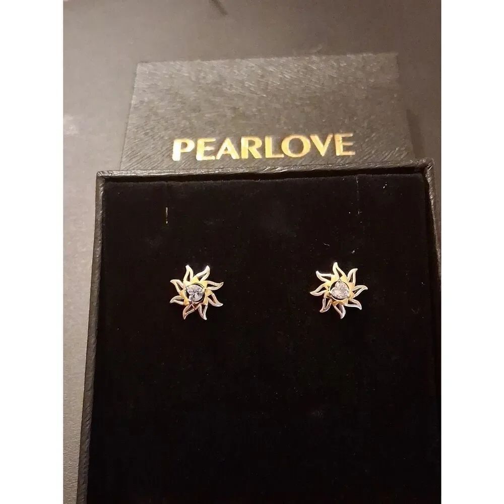 S925 Pearlove Sterling Silver And Gold Sunburst With Clear Center Stones New